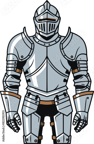 A detailed flat vector illustration of a standing silver medieval knight's suit of armor, complete with a visored helmet, breastplate, and gauntlets, designed with bold outlines.