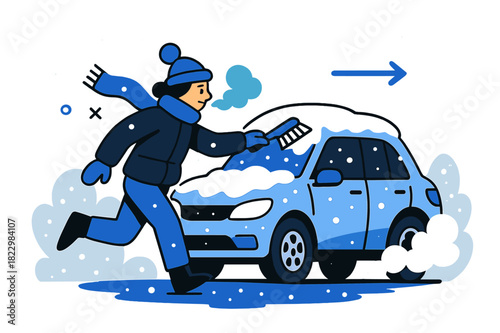 Snowy Morning Commute. Winter morning commute. A driver brushing snow off their car as soft flakes continue to