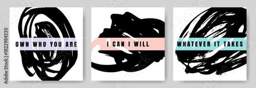 Dynamic background with inspiration and motivation phrases. Layouts for planners and journals. Templates for social media posts, marketing campaigns, coaching, training and cards.