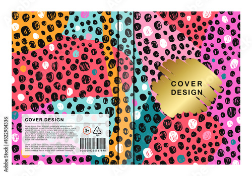 Cover design template. Abstract bright neon pattern in memphis style. Golden element with inscription. Vector layout for book, planner, notebook or daily.