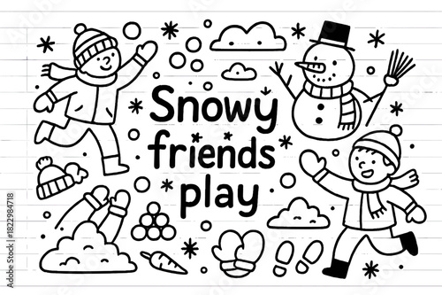 Snowy Playground Fun. Snowy friends play. Hand-drawn doodle illustration of snowy friends play. Children,