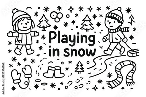 Snowy Playtime Doodle. Playing in snow. Hand-drawn doodle illustration of playing in snow. Children,