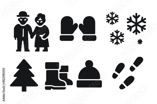 Snowy Romance Icons. Snowy romance. Filled icon set of snowy romance: elderly couple holding hands, mittens,