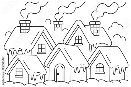 Snowy Rooftops Coloring. Cozy snowy roofs children?s coloring book illustration, outlined drawing, rooftops