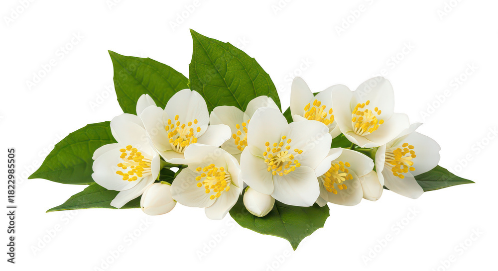 Obraz premium Jasmine Flowers With Green Leaves On Black Background