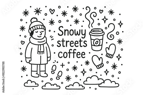 Snowy Streets Coffee Doodle. Snowy streets coffee. Hand-drawn doodle illustration of Snowy streets coffee.