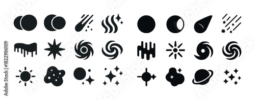 Silhouette space icons: planets, stars, meteors, cosmic designs