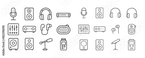 Audio equipment icons: microphone, headphones, speakers, sound mixer, audio recorder