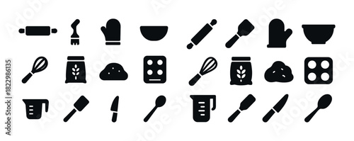 Baking icons set: rolling pin, oven mitt, bowl, whisk, measuring cup, spoon