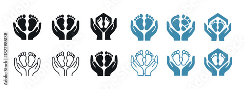 Diverse baby footprint and hands icons in various colors and styles