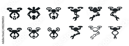Robotic claw arm icons set: mechanical grippers for automation and robotics design