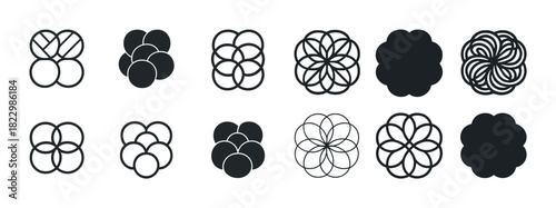Set of decorative geometric patterns and shapes in black and white