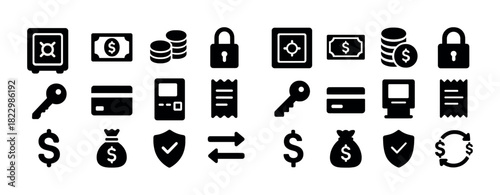 Set of banking and security icons: safe, lock, key, card, currency, and shield symbols