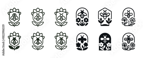 Twelve black and white bee icons with flowers