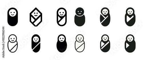 Collection of minimalist baby icons with various swaddle designs