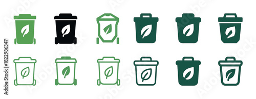 Set of green recycling bin icons with leaf symbols for eco-friendly waste management