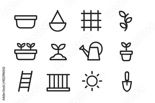 Space-Efficient Gardening Icons. Space-efficient gardening icons. Line outline icon set of space-efficient