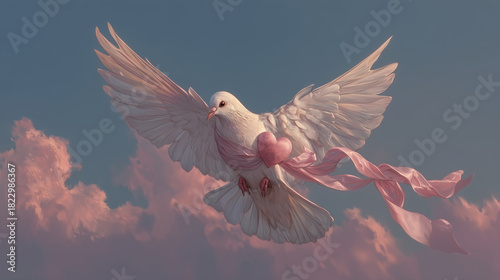 A beautiful white dove soaring through a pastel sky, carrying a pink heart, symbolizing love, peace, and hope, perfect for romantic or inspirational themes, with fluffy clouds in the background.