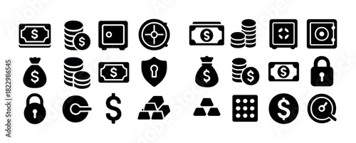 Black and white money and security icons collection
