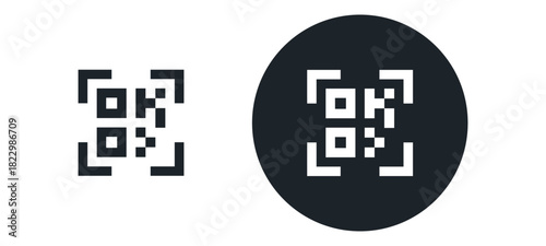 QR code scan icons : QR code scanning icon in two styles: a square crop and a solid black circle on a white background. for apps, payments, scanners, and digital access screens