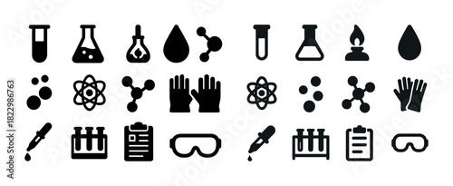 Science laboratory equipment icons: beakers, test tubes, molecules, atomic symbols