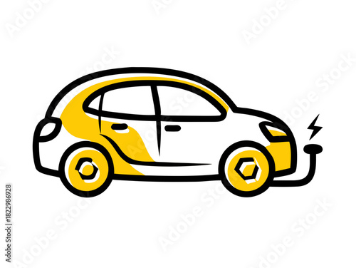 Vector illustration of an electric car with plug icon, sleek EV design, green hybrid vehicle charging point symbol