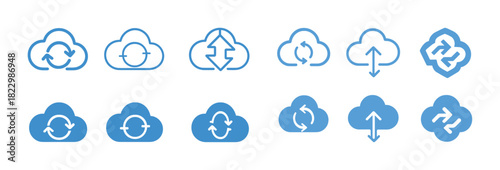 Cloud sync and upload icons in blue with arrows and circles