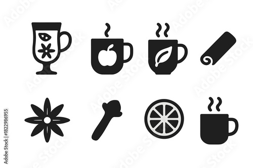 Spiced Drink Icons. Spiced drinks. Filled icon set of spiced drinks: mulled wine, spiced cider, chai tea,