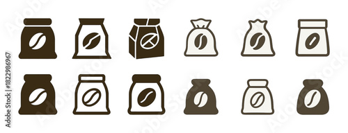 Set of coffee bag icons in various designs and styles
