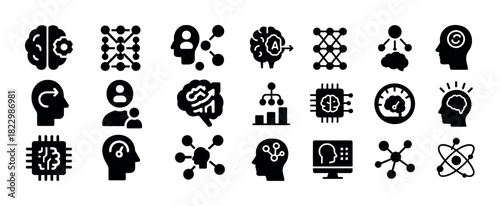 Artificial intelligence brain icon set featuring neural network and data analysis symbols