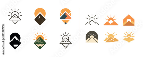Collection of colorful mountain and sun logos in various styles