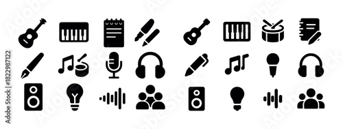 Music and writing icons set: guitar, microphone, headphones, instruments