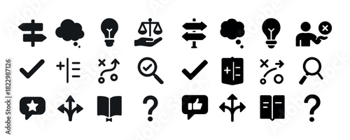 Collection of various black icons: signs, ideas, decisions, and queries