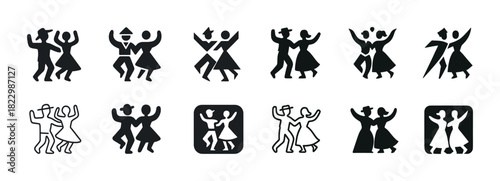 Silhouettes of couples dancing in various energetic poses