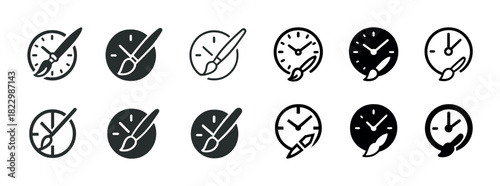 Set of paintbrush and clock icons in various styles for design projects