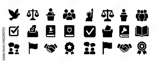 Set of 24 black silhouette icons representing justice, communication, and organization
