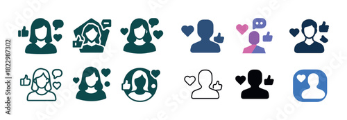 Social media user icons with hearts and thumbs up