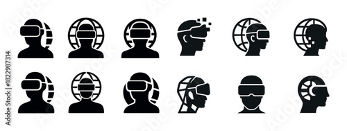 Virtual reality headset icon set featuring diverse designs and styles