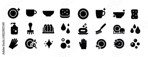 Set of cleaning and dishwashing icons featuring dishes, sponges, soap bubbles, and brushes