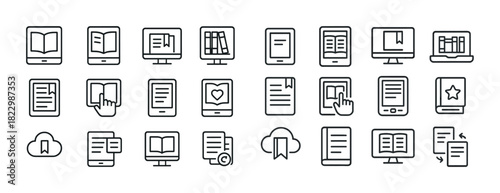 Set of 20 e-book and reading icons in line art style