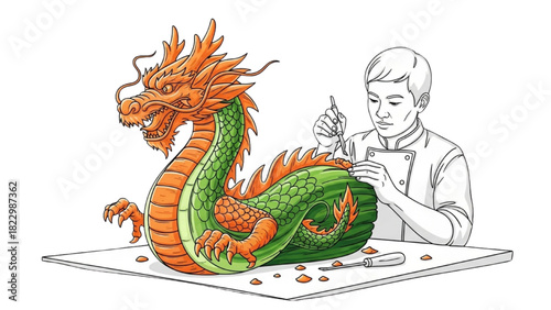 Dragon Vegetable Carving – Black Outline Colorful Art of Fluid Carrot and Cucumber Sculpture