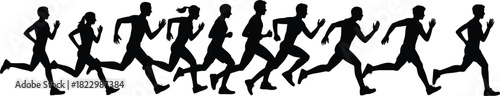 Silhouette of diverse runners in motion, athletic stride, fitness, sports activity, speed, energy, health, training, dynamic movement, outdoors