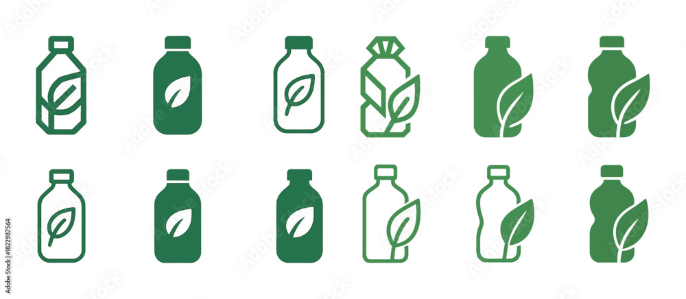 Fototapeta premium Set of eco-friendly green bottles with leaf symbols indicating sustainability