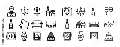 Line art icons: formal wear, musical instruments, and decorative items