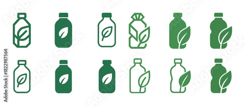 Set of eco-friendly green bottles with leaf symbols indicating sustainability