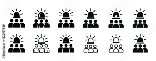 Emergency alert icons set with group silhouettes