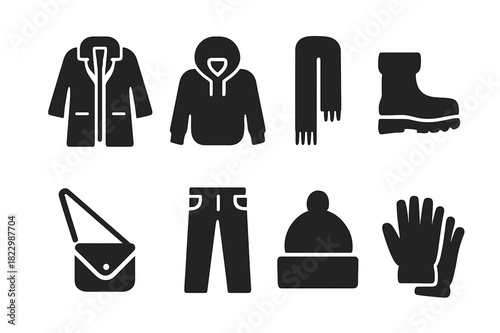 Street Style Icons. Street style layers. Filled icon set of street style layers: oversized coat, hoodie, scarf