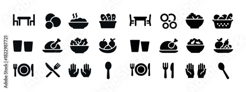 Dining icons collection: tables, chairs, meals, utensils, hands