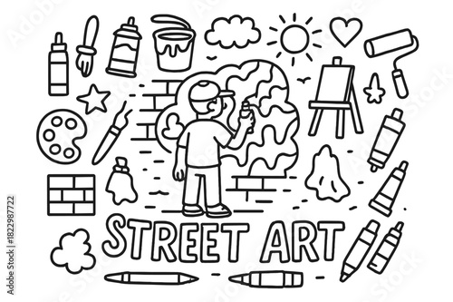 Street Art Doodle. Street Art. Hand-drawn doodle illustration of Street Art. In the middle, one slightly