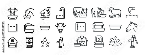 Farm animal watering icons including cow sheep horse barn and pump